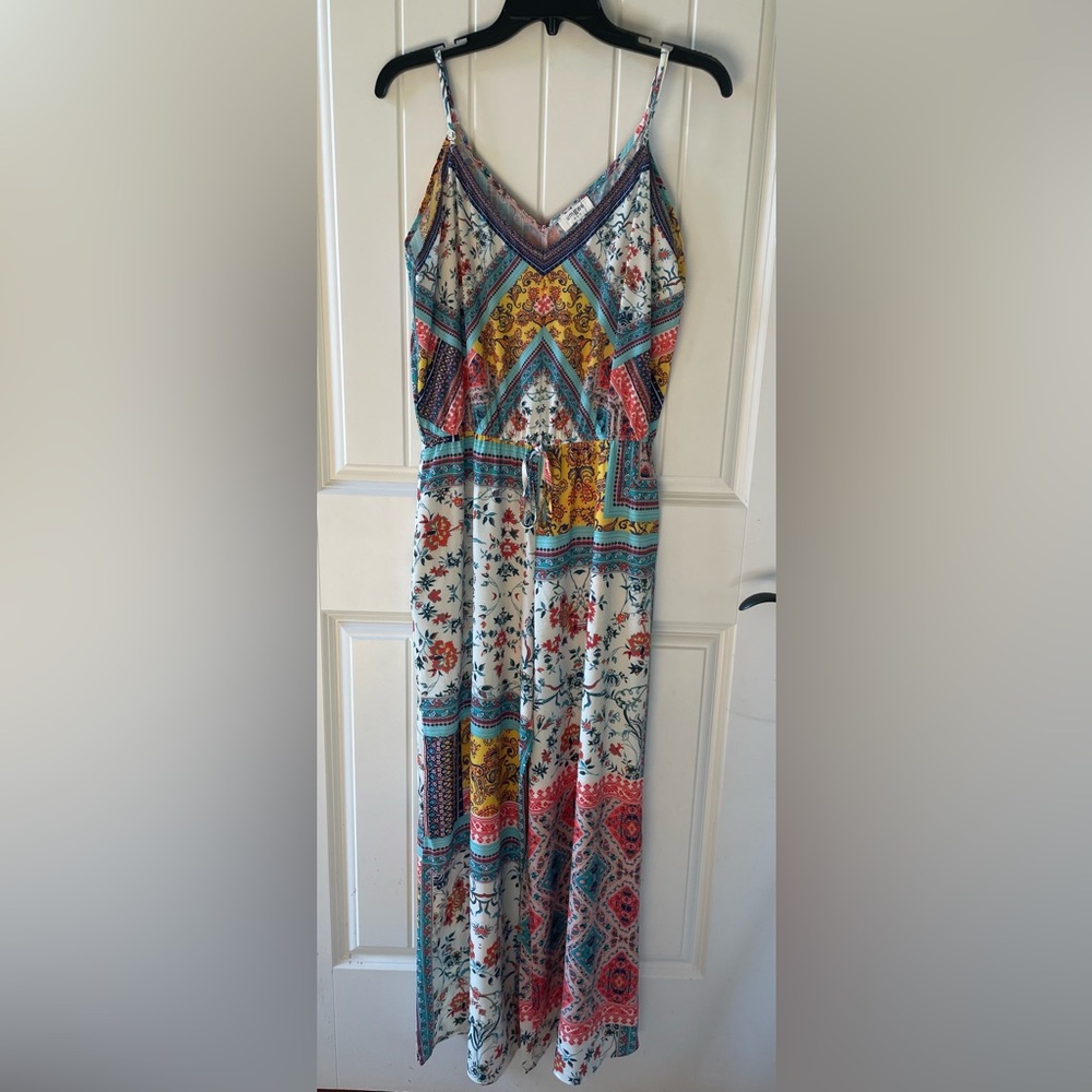 Umgee boho floral patchwork cinch waisted spaghetti strap jumper